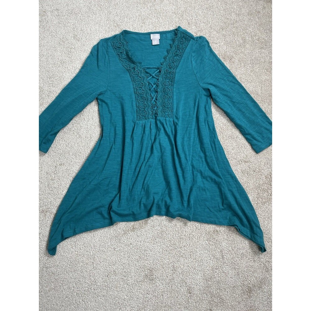 Chico’s Sz OP S Lace Up Sharkbite Tee Tunic Top Teal Sharkbite Hem 3/4 Sleeve